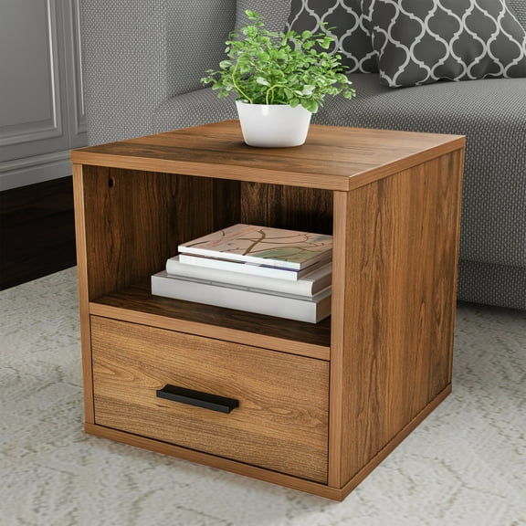 Lavish Home Side Table with Storage, Minimalist Modern Nightstand or End Table with Drawer for Bedroom, Living Room, or Office, Brown Woodgrain
