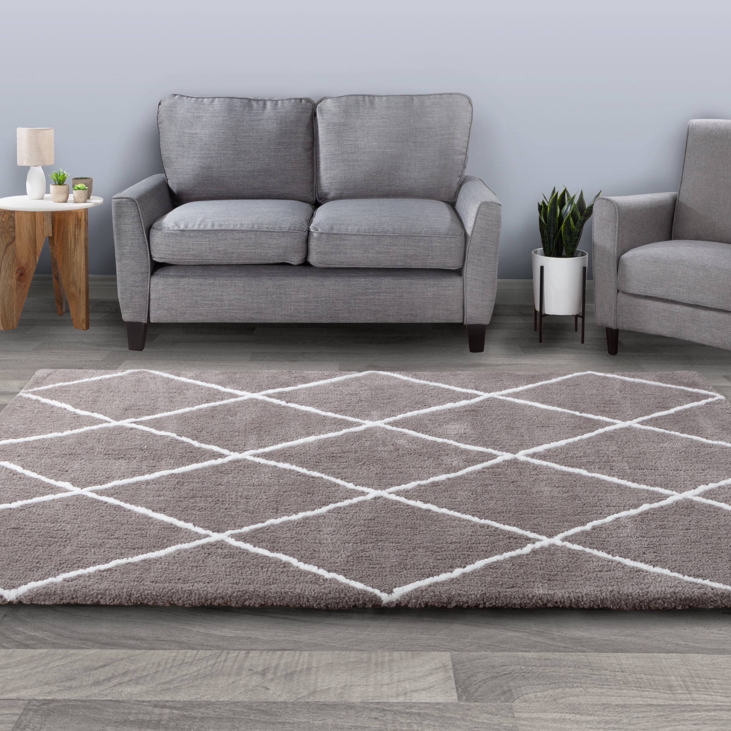 Somerset Home Diamond Shag Area Rug for Living Room - Plush Gray & Ivory(5’3”x7’7”)