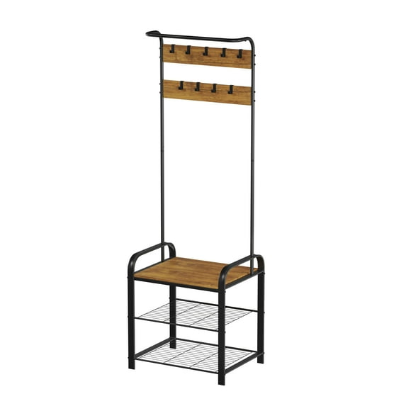 Lavish Home Entryway Bench with Coat Rack – Metal Hall Tree with Seat, Hooks, and Shoe Storage – Rustic Farmhouse Freestanding Mudroom Furniture
