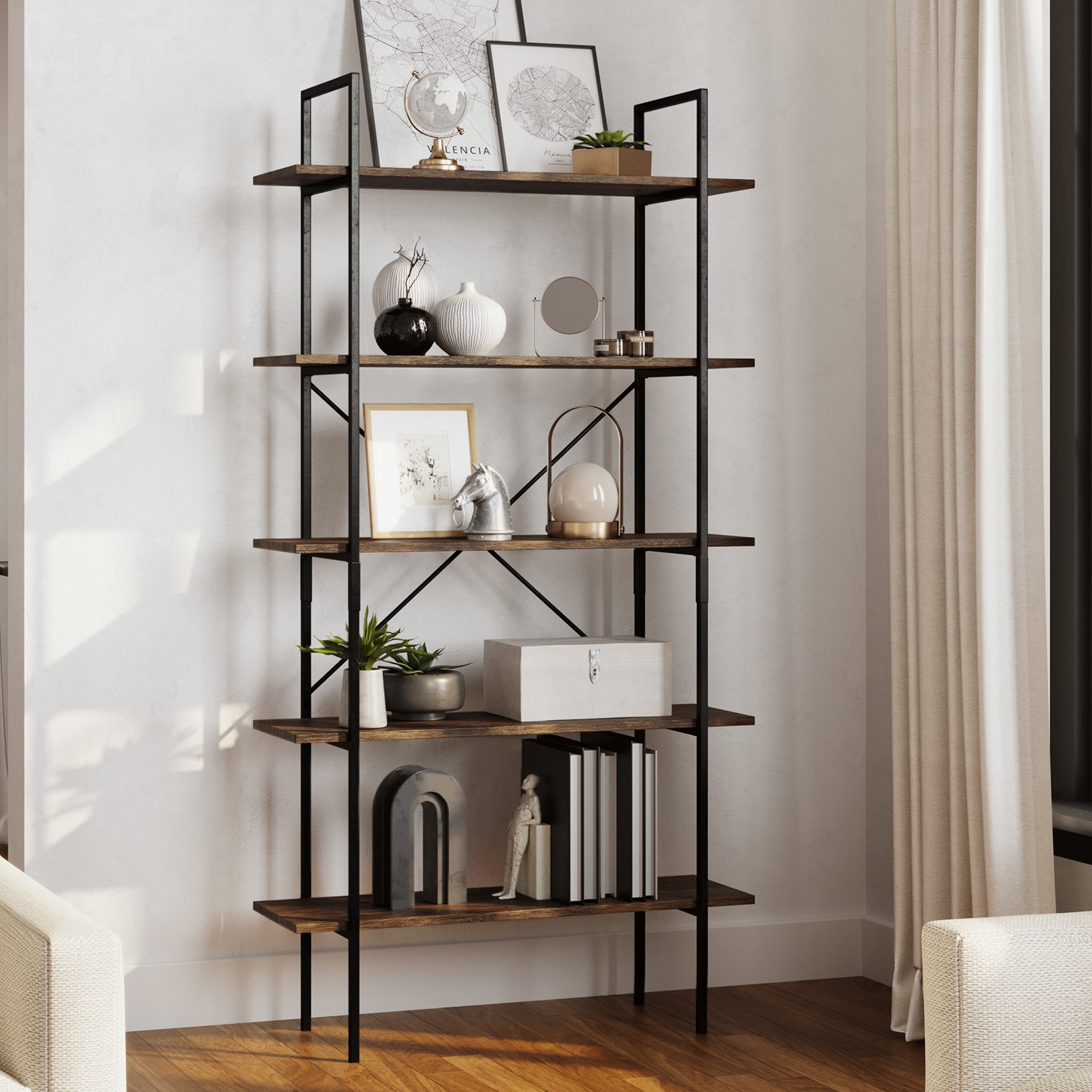 Lavish Home 5-Tier Bookshelf – Open Industrial Style Etagere Wooden Shelving – Freestanding Bookcase for Home or Office, Brown Woodgrain