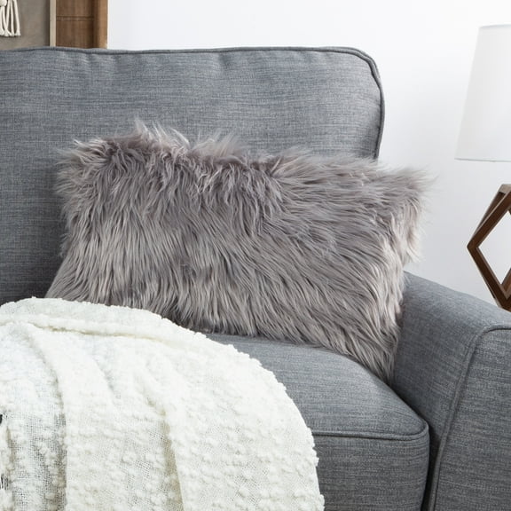 Somerset Home Himalayan Faux Fur Lumbar Pillow Cover & Insert for Adult, Gray, 12 x 20 inch 1-Piece