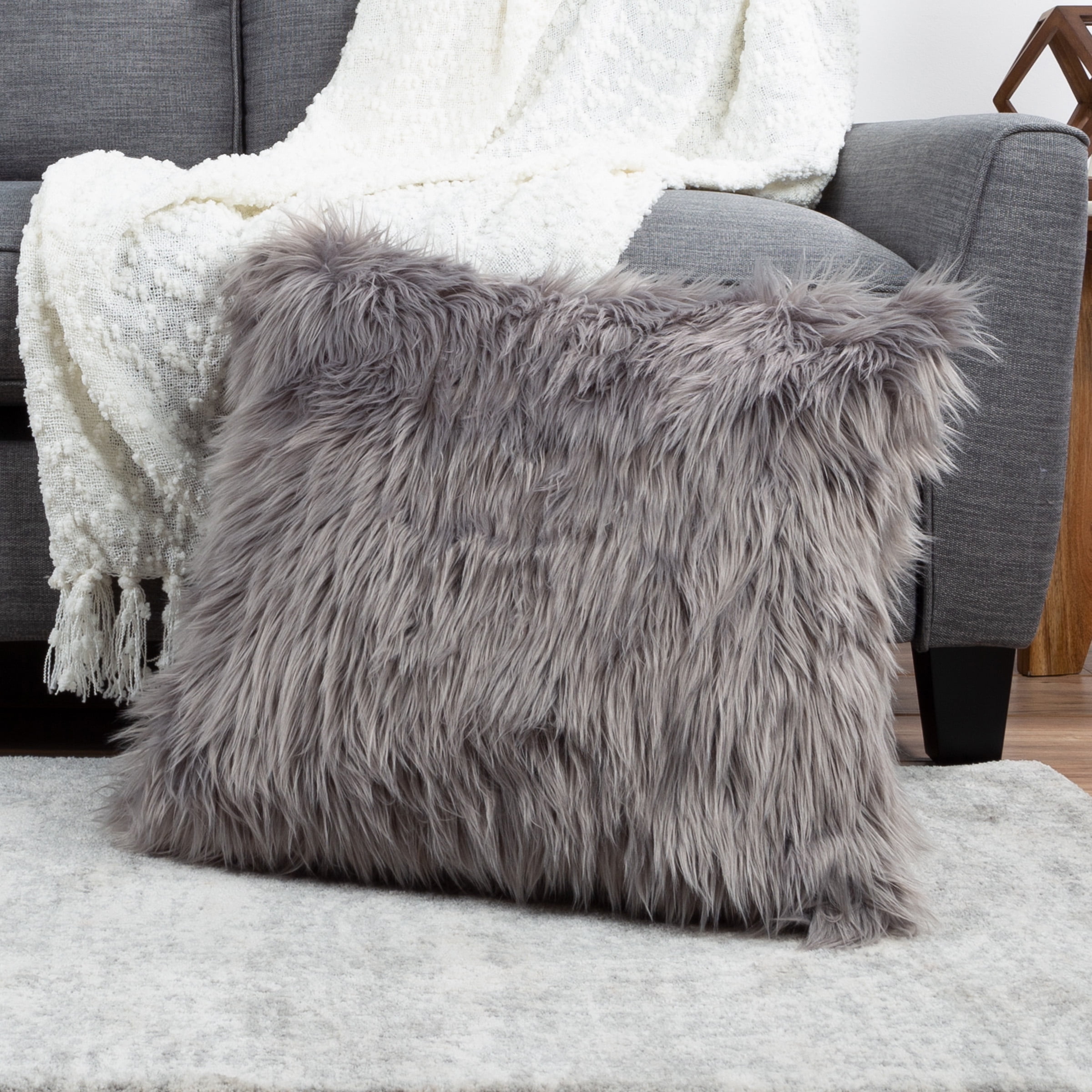 Gray 18 x 18 Square Faux Himalayan Fur Decorative Throw Pillow