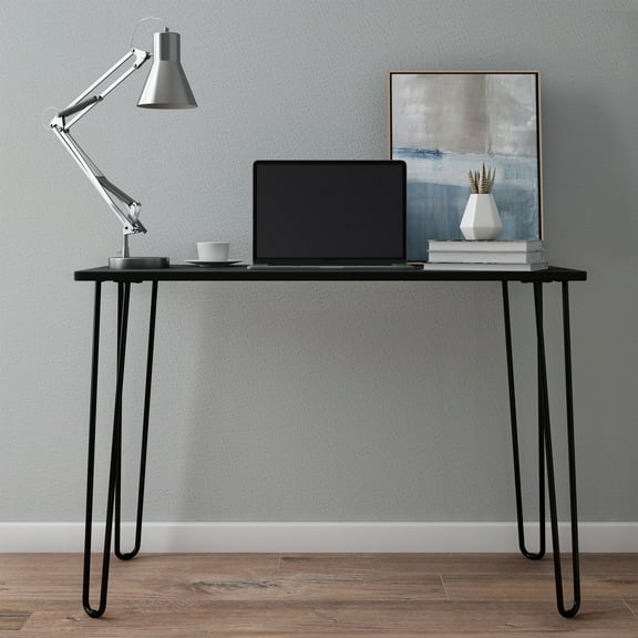 Lavish Home Desk with Hairpin Legs - Modern Industrial Style Home Decor - Woodgrain-Look and Steel Accent Home Office Furniture, Black