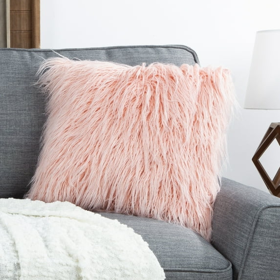Somerset Home Mongolian Faux Fur Pillow – 18-inch Square Cover & Insert (Pink)