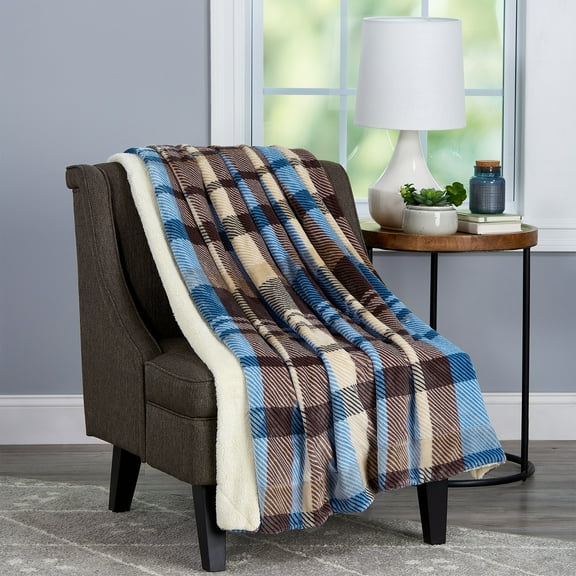 Somerset Home 70"x60" Poly Fleece Sherpa Blanket - Oversized Plush Woven Polyester Soft Throw Blanket for Couch, Bed and Sofa (Blue/Brown)