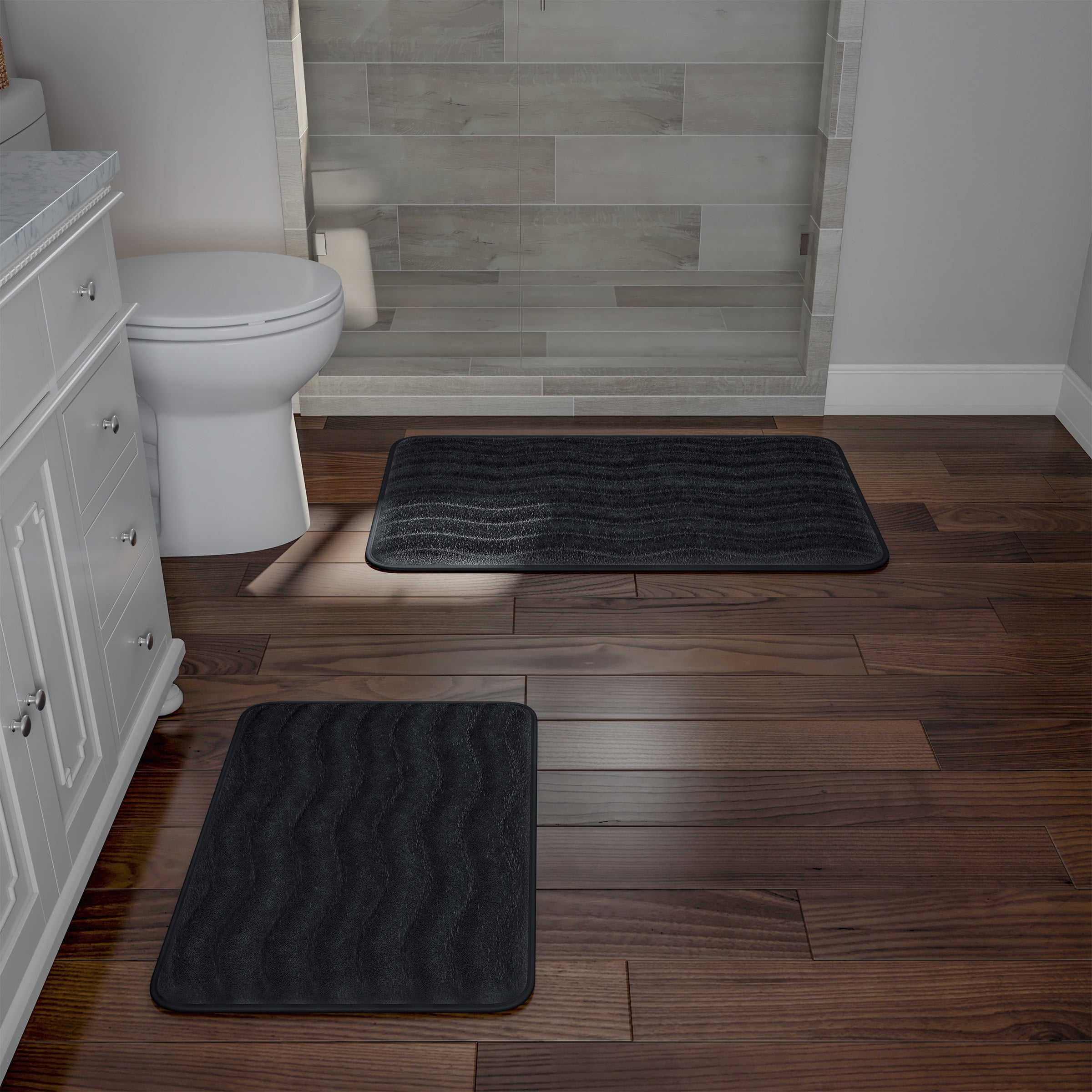 Somerset Home Set of 2 Bathroom Rugs – Non-Slip Memory Foam Bath Mats, Black