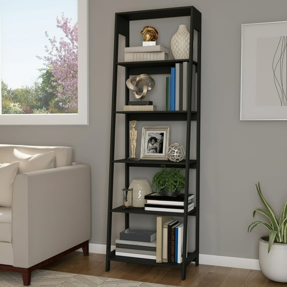 Lavish Home 5-Tier Ladder Bookshelf - Freestanding Wooden Bookcase Frame with Leaning Look - Shelves for Home and Office Storage, Black