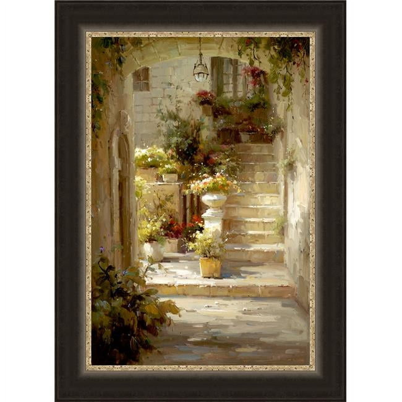 Hidden Courtyard Brown and Gold Framed Canvas Print