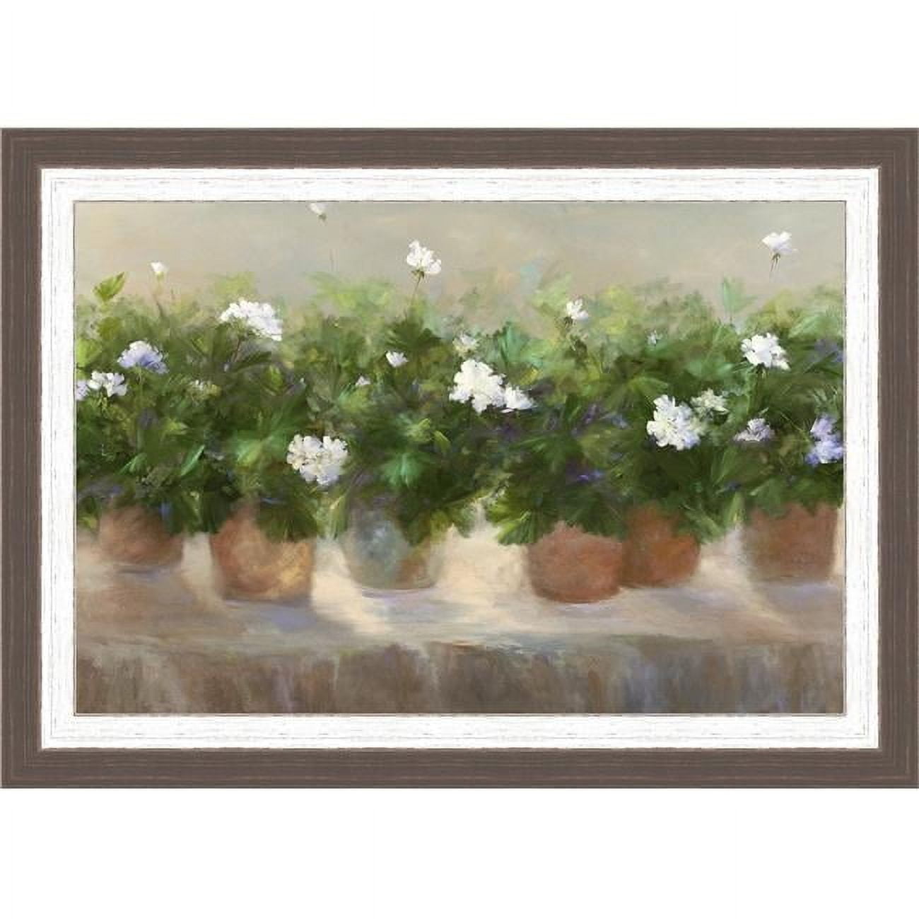 White Geraniums Framed Landscape Print in Rustic Brown and White Wood