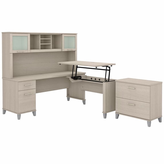Bush Furniture Somerset Office Desk with 35"-41" Adjustable Return Hutch and File Cabinet Sand Oak