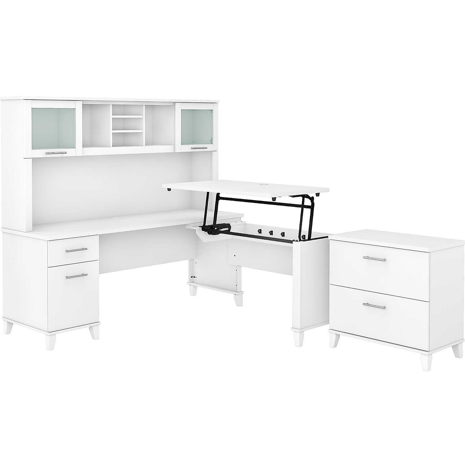 Somerset Sit-Stand L Desk with Hutch and File Cabinet in White - Engineered Wood - image 1 of 8