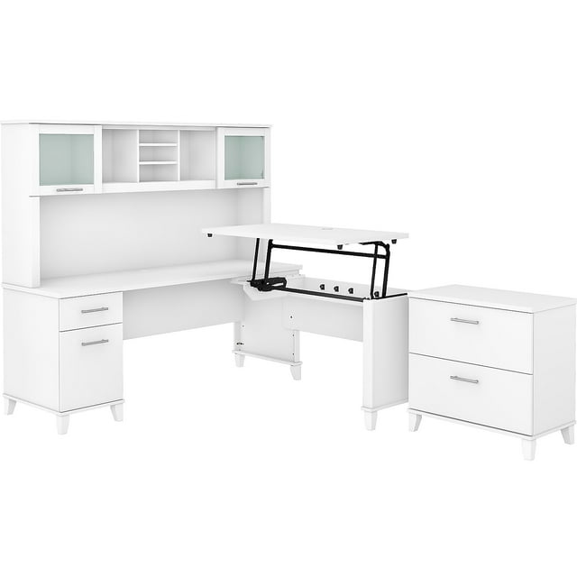 Somerset Sit-Stand L Desk with Hutch and File Cabinet in White - Engineered Wood