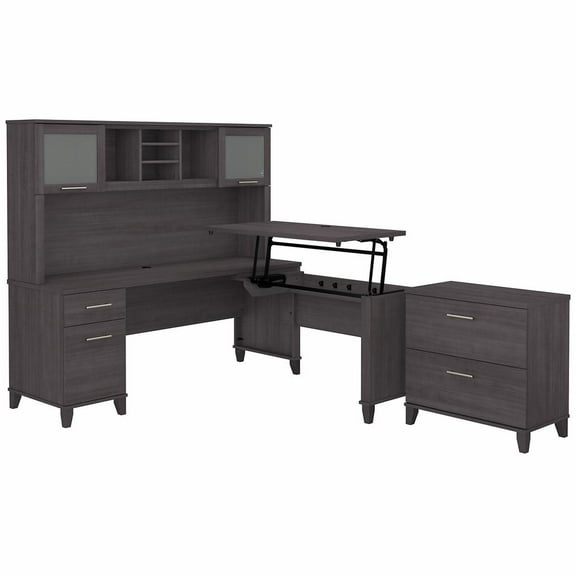 Somerset Sit to Stand L Desk Set & File Cabinet in Storm Gray - Engineered Wood