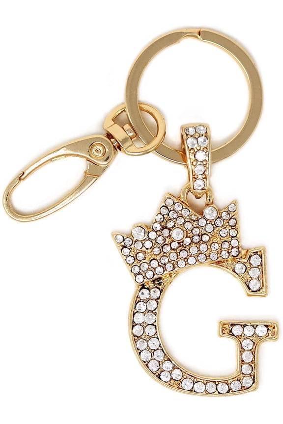 Rhinestone Stud Initial Letter charm Keychain in Gold Tone