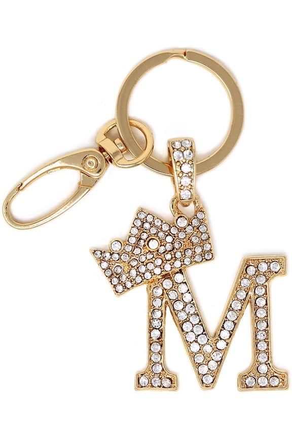 Rhinestone Stud Initial Letter charm Keychain in Gold Tone