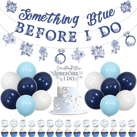 Something Blue Bridal Shower Decorations, Something Blue Before I Do Banner Cake Cupcake Toppers Balloons Blue White Vintage Floral Garland for Women Girl Bachelorette Wedding Engagement