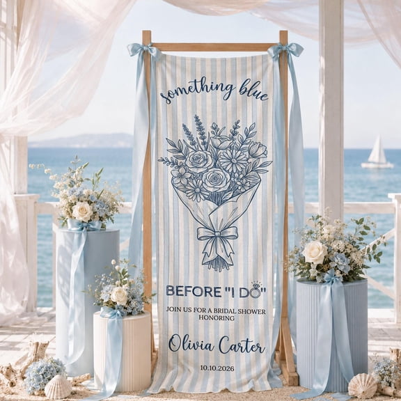 Something Blue Bridal Shower Linen Banner, Personalized Floral Fabric Backdrop for Wedding Celebration Decor