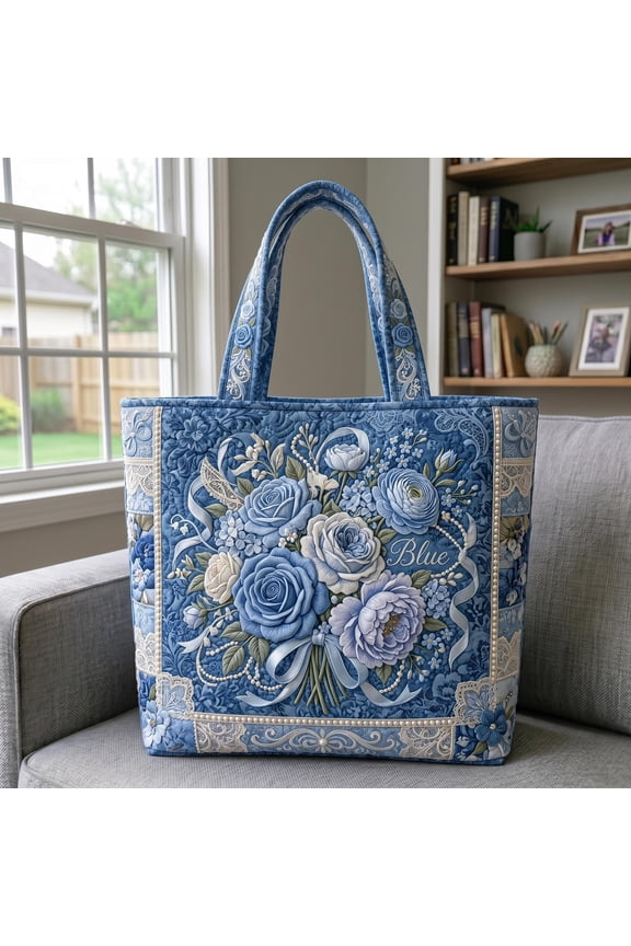 Something Blue Bride Gift Quilted Tote Bag, Soft Padded Handbag with Spacious Interior