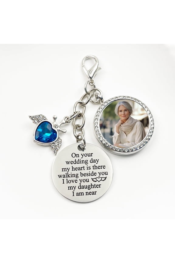 Something Blue Charm for Bride Bouquet Rhinestone Photo Locket DIY Memorial Gifts Bridal Keepsake Wedding Accessories in Memory of Mom or Dad, Remembrance Gift