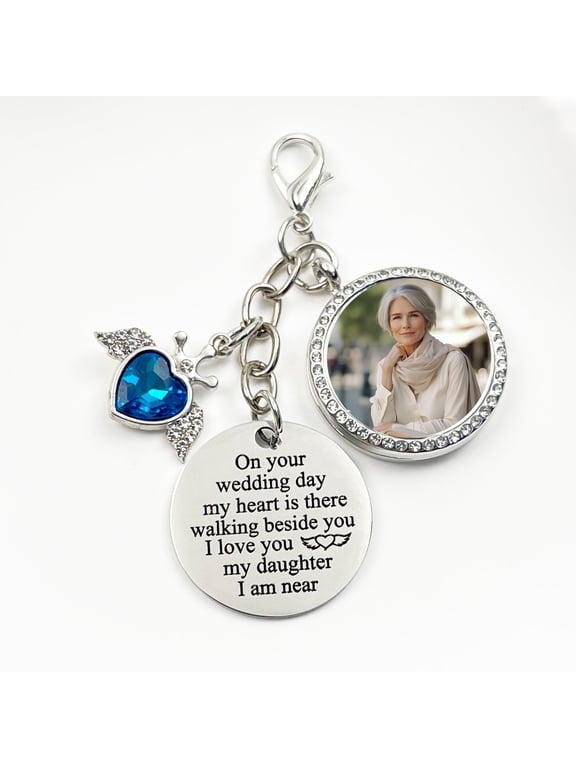 Something Blue Charm for Bride Bouquet Rhinestone Photo Locket DIY Memorial Gifts Bridal Keepsake Wedding Accessories in Memory of Mom or Dad, Remembrance Gift