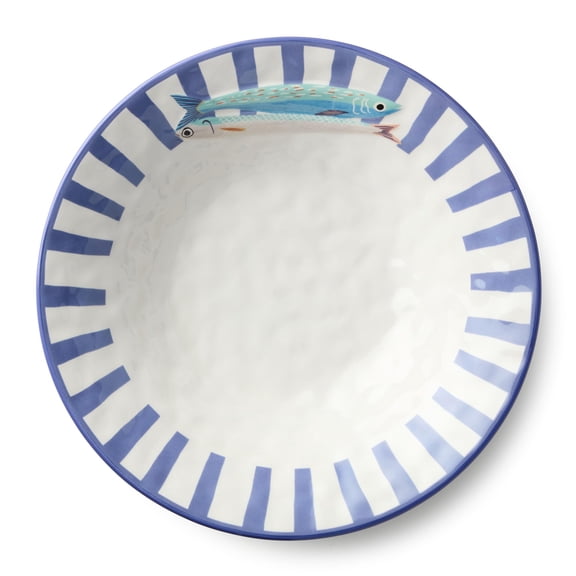Something Fishy Ceramic SERVING BOWL 13 x 3 Inches, coastal striped bowl with colorful fish art, ideal for salads, pasta, seafood sides, summer hosting, beach homes, and vibrant nautical table