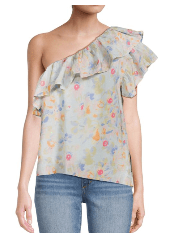 Women's Floral Ruffle One Shoulder Top, Large