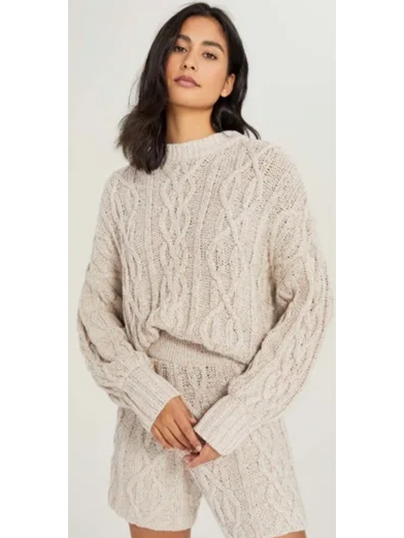 Women's Oatmeal Cable Knit Long Shorts, XS