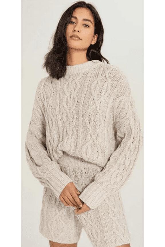 Women's Oatmeal Cable Knit Long Shorts, XXS