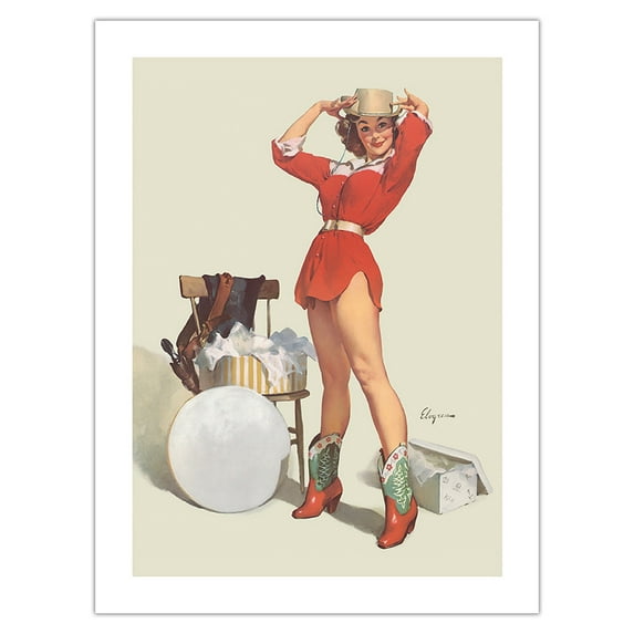 Something New - Cowgirl in Red with a New Hat - Vintage Pin Up Girl Print by Gil Elvgren c.1957 - Bamboo Fine Art 290gsm Paper Print (Unframed) 24x32in