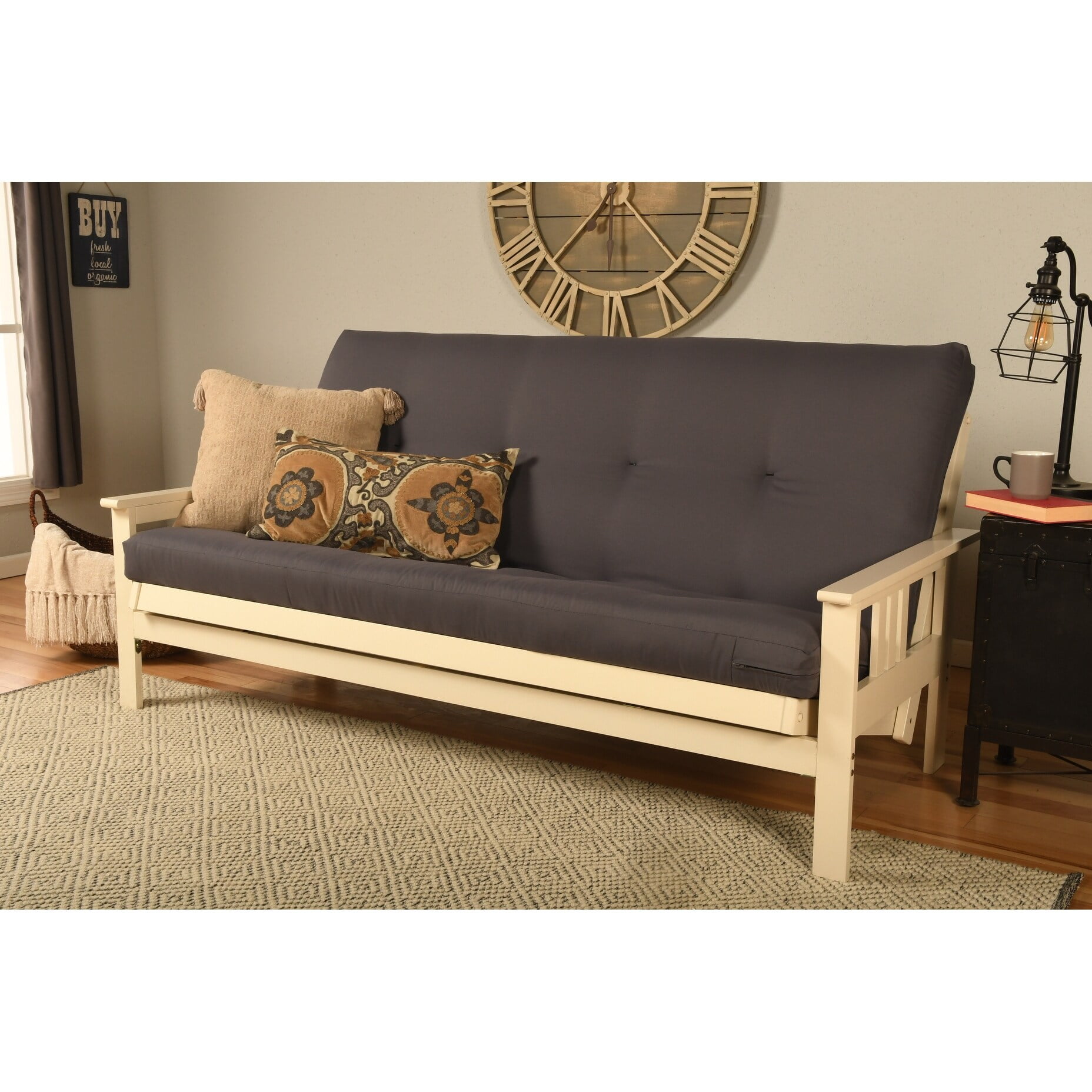 Somette Monterey Fullsize Futon Set in Antique White Finish with Twill Gray Mattress