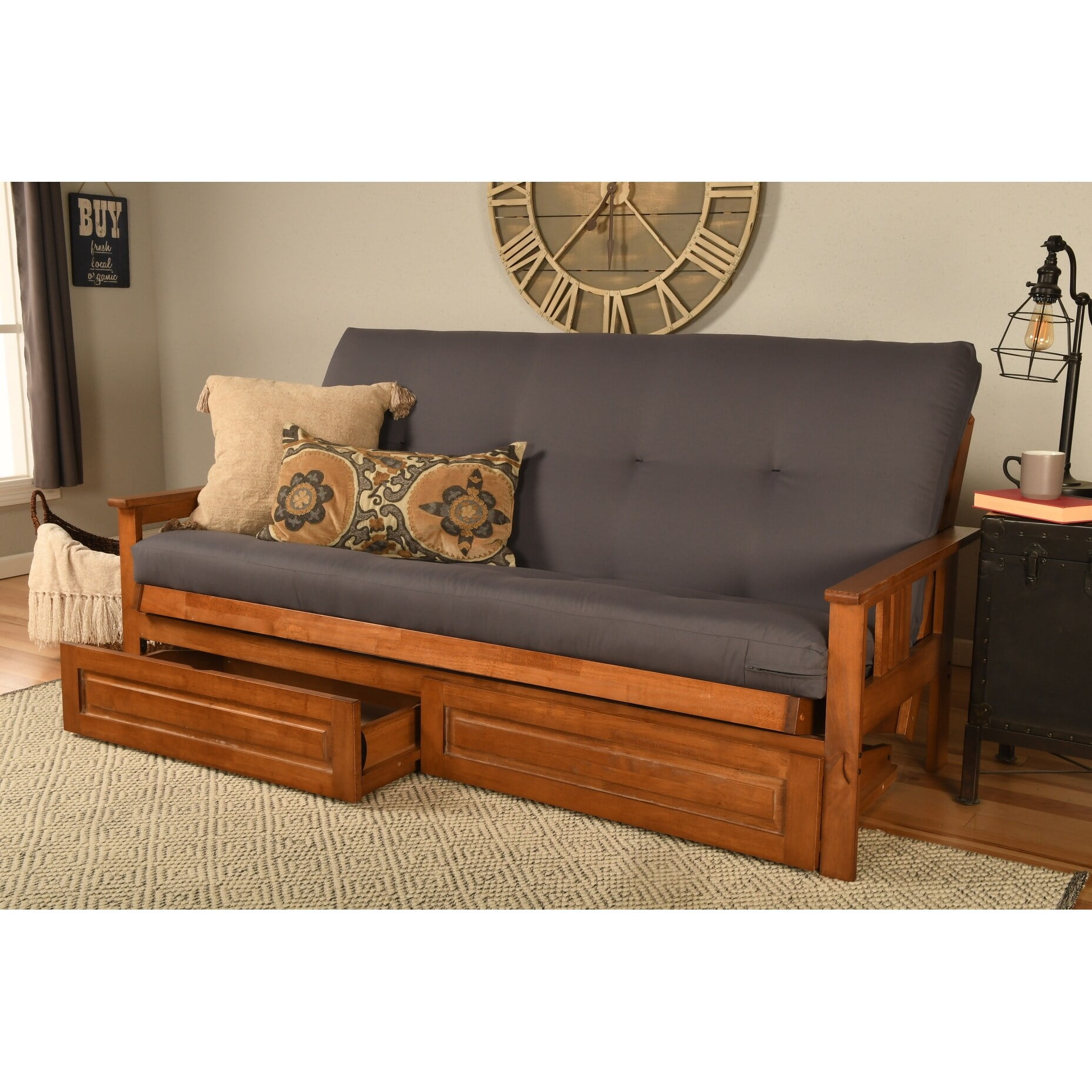 Somette Monterey Storage Fullsize Futon Set in Barbados Finish with Twill Gray Mattress