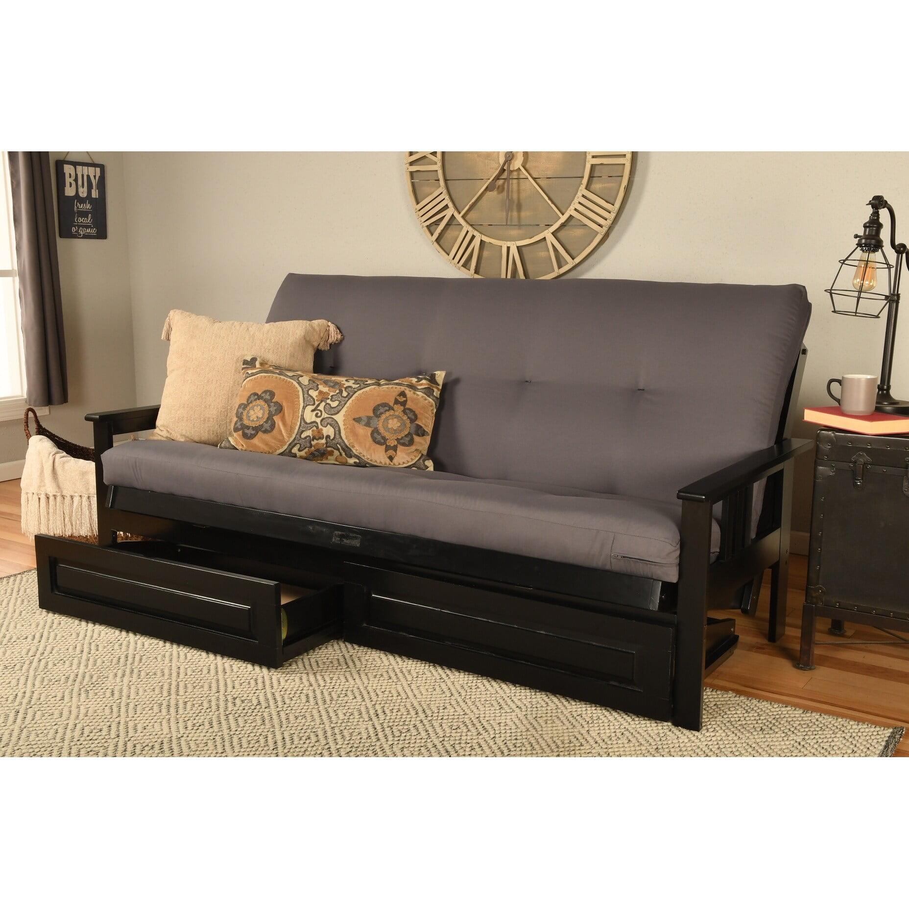 Somette Monterey Storage Fullsize Futon Set in Black Finish with Twill Gray Mattress