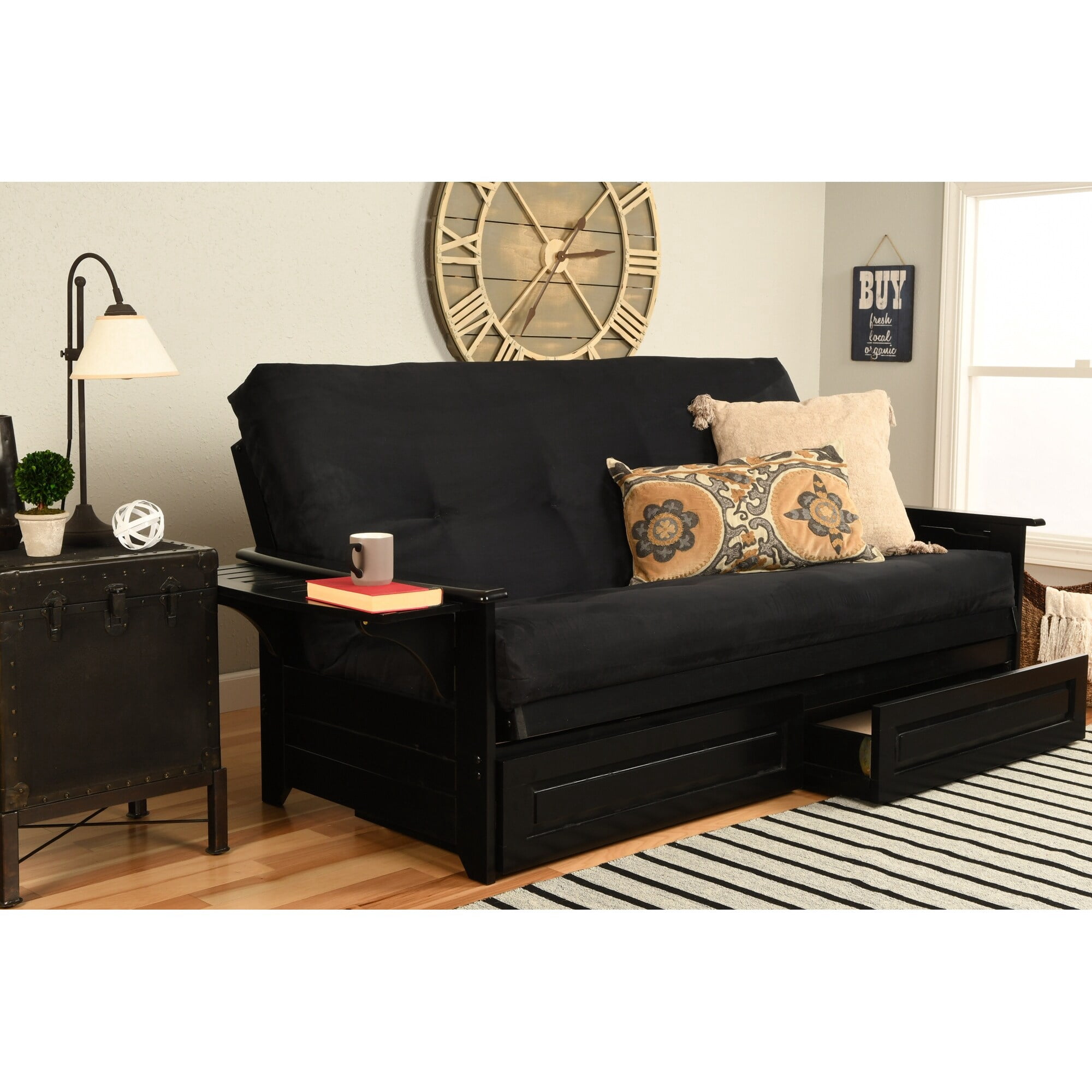 Somette Phoenix Black Futon Set with Storage Drawers and Innerspring