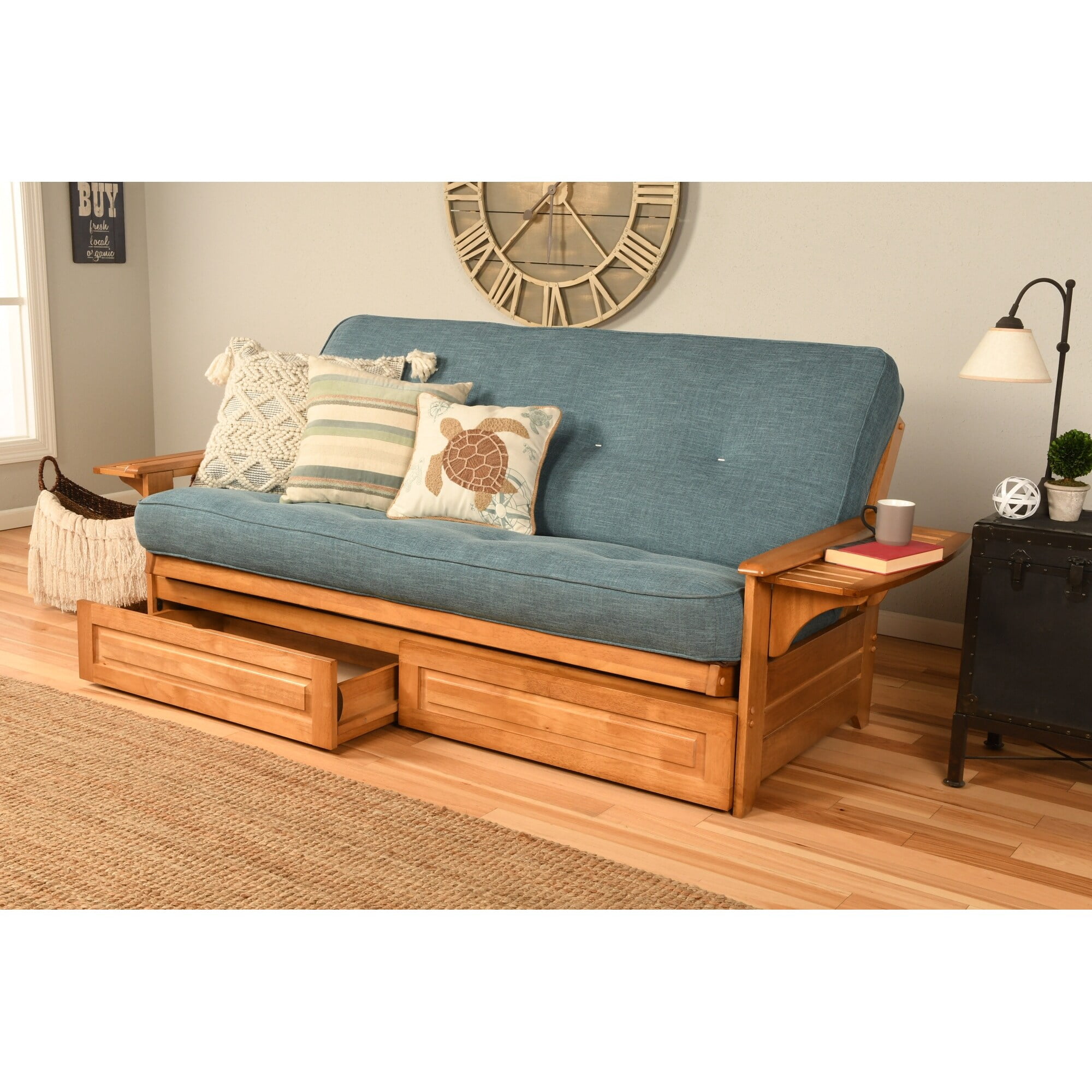 Somette Phoenix Butternut Futon Set with Storage Drawers and Mattress