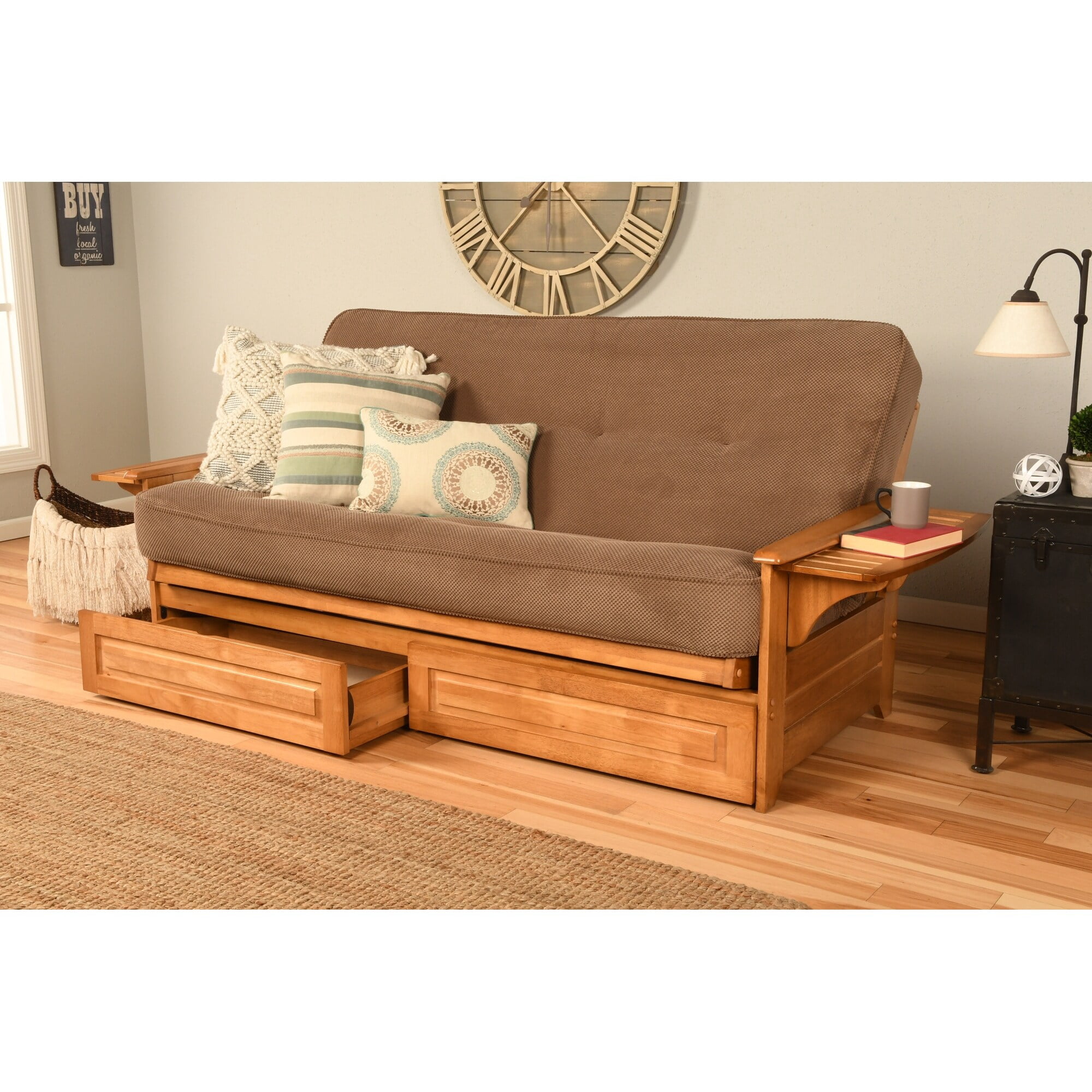 Somette Phoenix Butternut Futon Set with Storage Drawers and Mattress