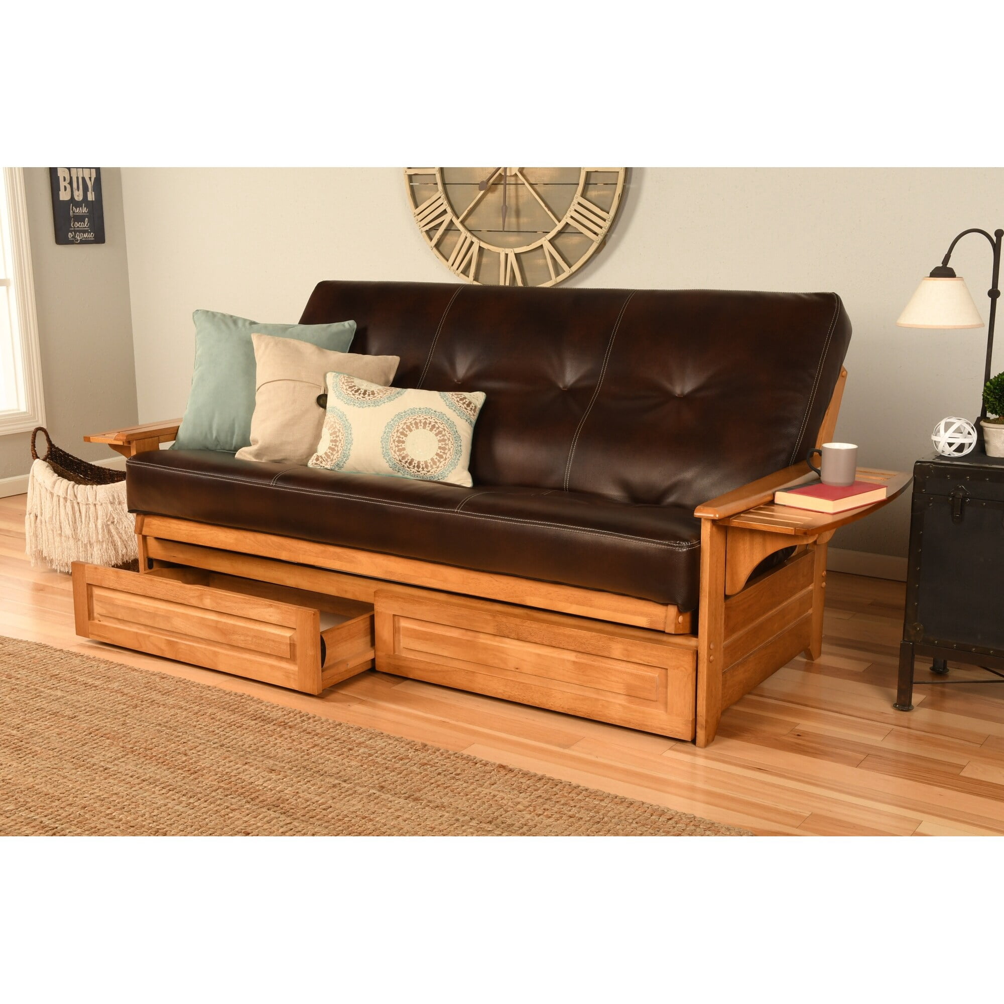 Somette Phoenix Butternut Futon Set with Storage Drawers and Mattress