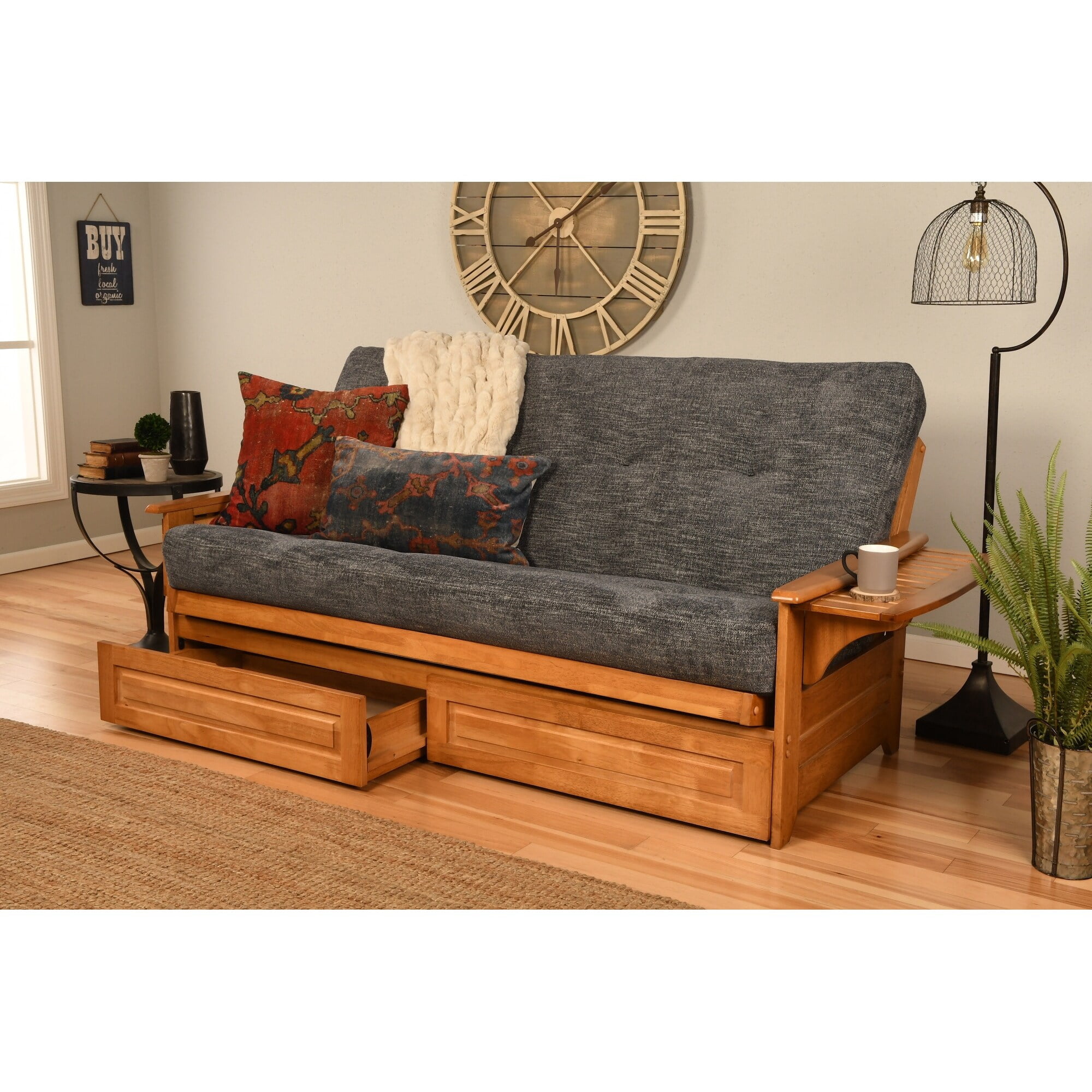 Somette Phoenix Butternut Futon Set with Storage Drawers and Mattress