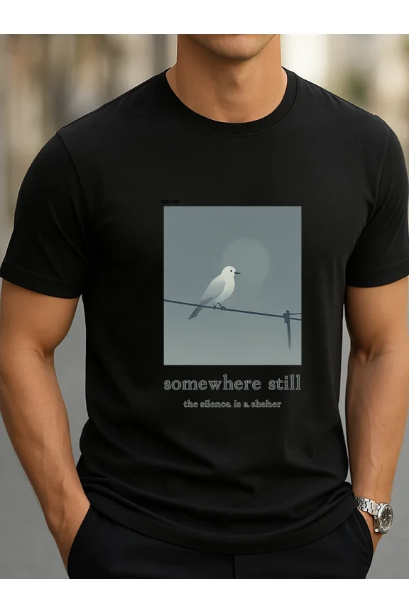 Somewhere Still Minimal Bird on Wire Calm Aesthetic Unisex T-Shirt, up to size 5XL