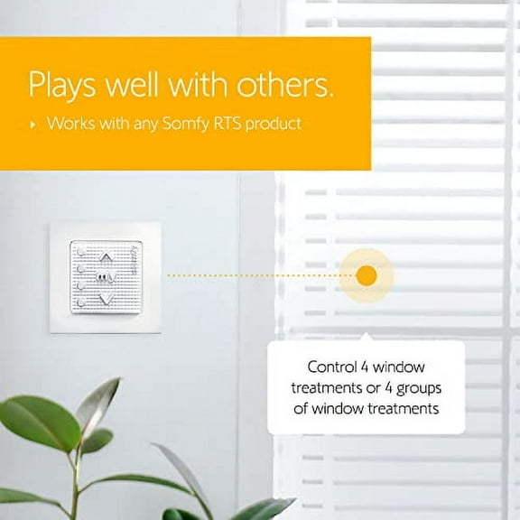 Somfy Smoove 4 RTS PURE 4 Channel Wall Mounted Control for Motorized Shades, Curtains and Blinds Mounts to Any Wall or Surface - Easy to Install, No Electrician, Wires, or Cutting - #1811748