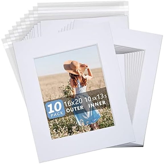Somime 10 Pack White Picture Mat Set,16x20 Precut Mat for 11x14 Photos, White Core Bevel Cut Acid Free 16x20 Photo Mat with Mat Boards and Clear Bags for Prints, Paints, Frames