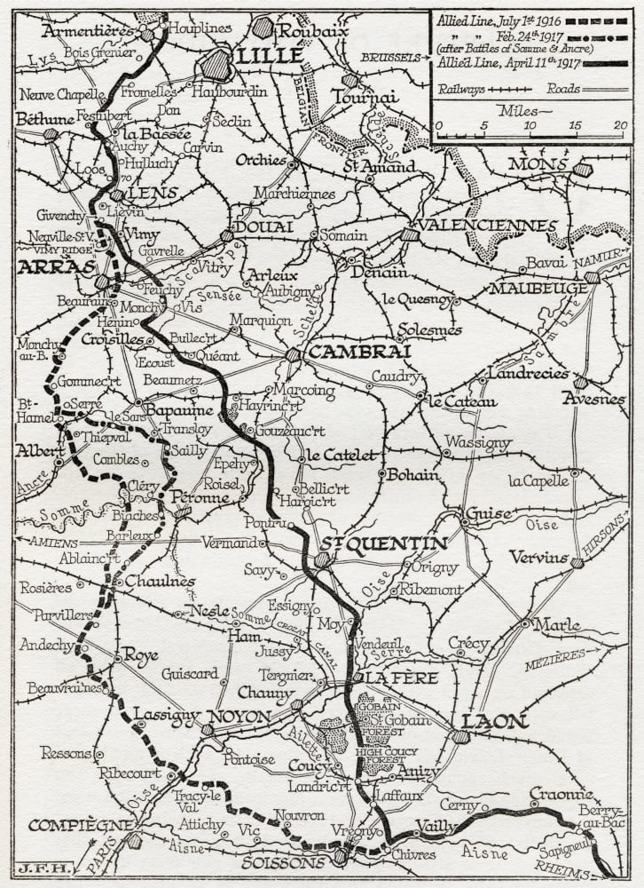 The Somme And The Ancre Map Shows Lines Occupied By The Allies From July 1916 To April 11 1917 From The Year 1917 Illustrated Published London 1918 Canvas Art - Ken Welsh Design Pics (12 x 17)