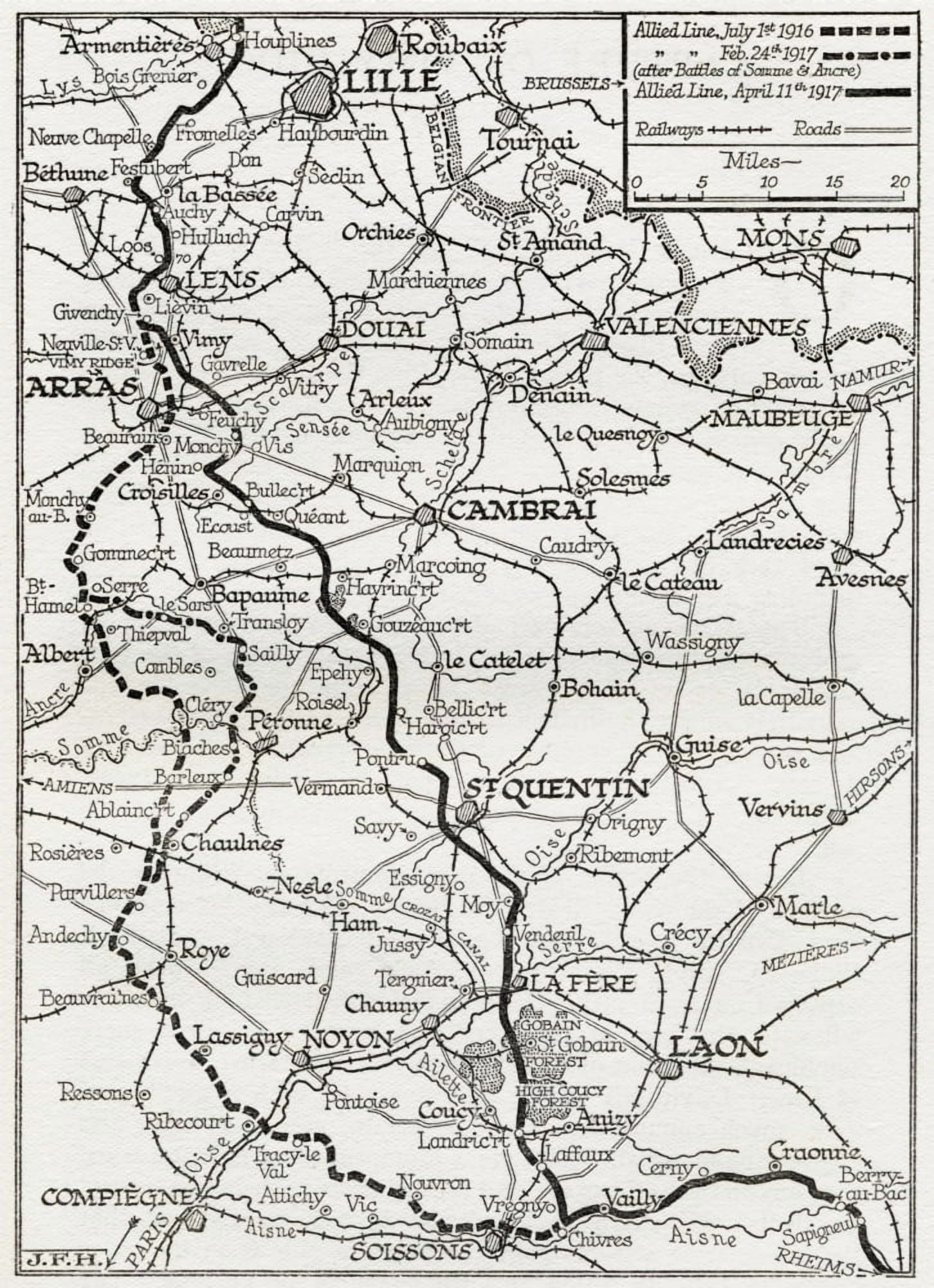 The Somme And The Ancre Map Shows Lines Occupied By The Allies From July 1916 To April 11 1917 From The Year 1917 Illustrated Published London 1918 Canvas Art - Ken Welsh Design Pics (24 x 34)