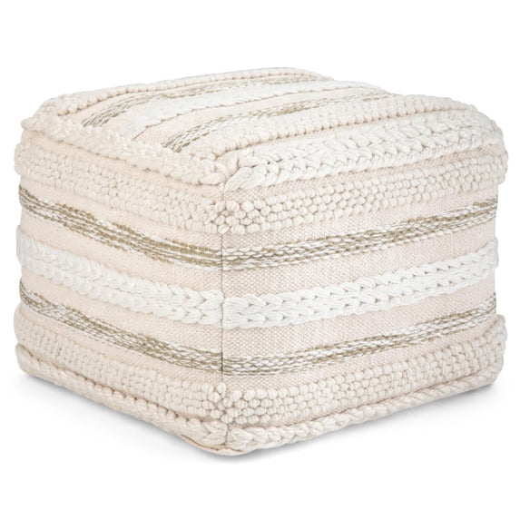 Simpli Home Sommer 18 inch Wide Boho Square Pouf in Natural Handloom Woven Cotton