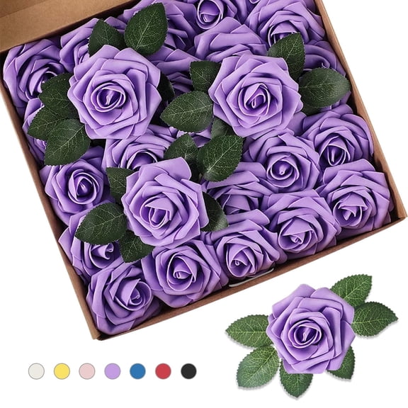 Somnr Artificial Roses - for Weddings, Home Decor, DIY Bouquets, Purple (25 Pack)