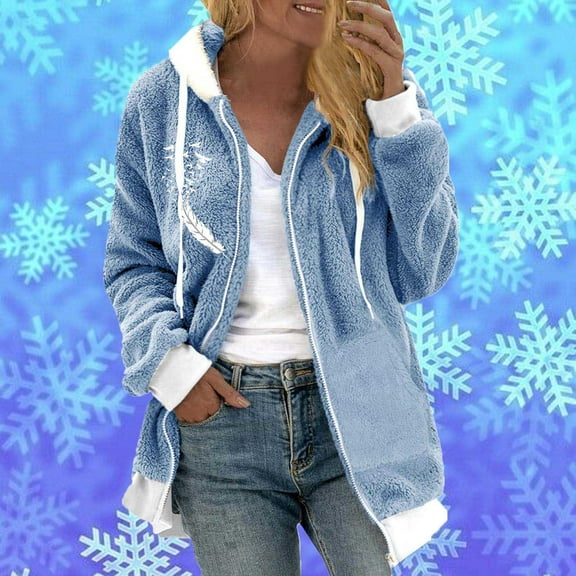 Somuwie Autumn and Winter Women's Long Sleeve Double-Faced Fleece Zipper Printed Hooded Jacket
