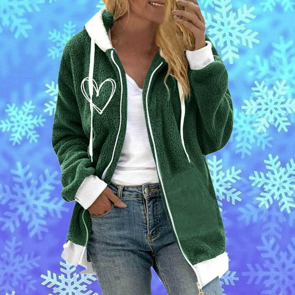 Somuwie Clearance Autumn and Winter Women's Zipper Heart Cat Print Hooded Plush Jacket