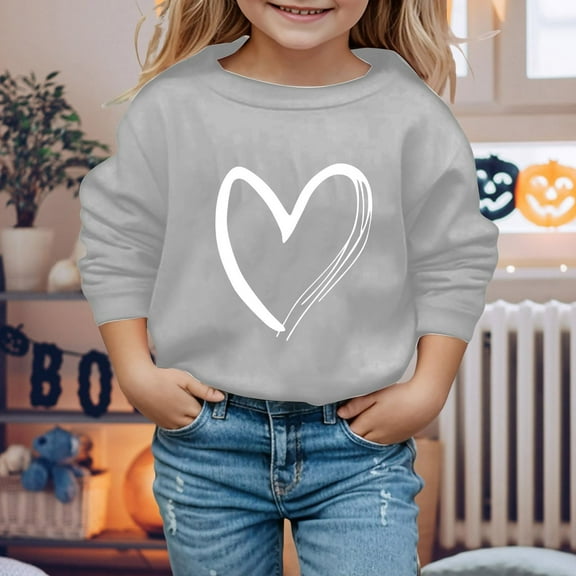 Somuwie Clearance Boys and girls love print casual round neck long sleeve sweater long sleeve round neck top (1-12Y)
