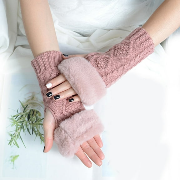 Somuwie Clearance Fashion Women Solid Color Knitting Plush Half Finger Keep Warm Winter Gloves