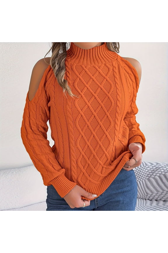 Clearance Ladies Half Turtleneck Solid Color Cable-knot Off-shoulder Long Sleeve Sweater