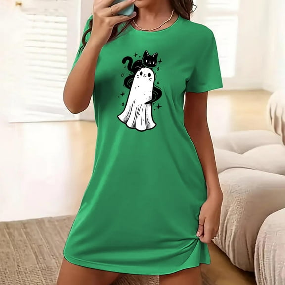 Somuwie Clearance Large size short Halloween women's nightdress with chest print round neck short sleeves short nightdress
